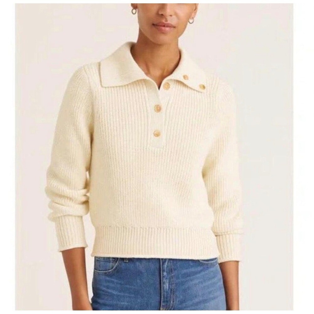 J.Crew Minimalist Cotton Ribbed Half-Zip Sweater Ivory Cream Gold Button M jj16